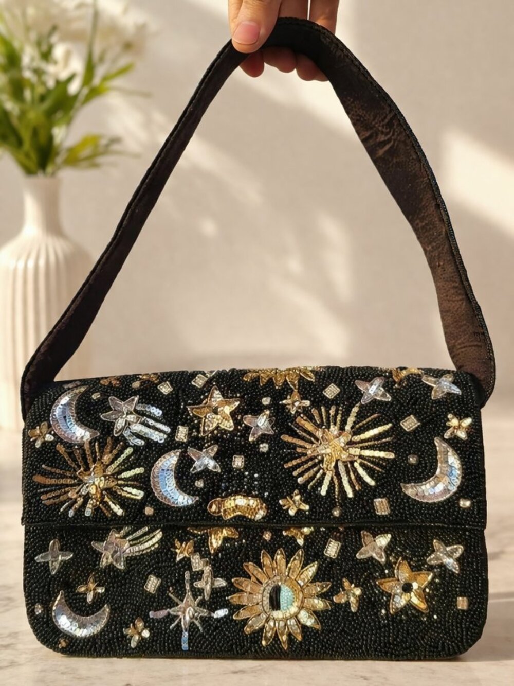 ✨ Celestial Beaded Shoulder Bag – Black & Gold ✨